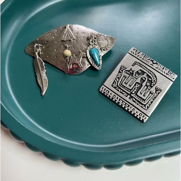 Vintage Two Piece Aztec Navajo Handmade Southwestern Style Brooches - Picture 1 of 5